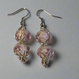 Handmade Pink Glass Bead Wire Wrapped Dangle Earrings Silver Tone